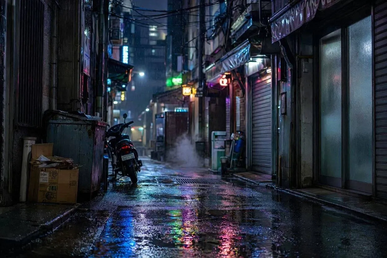 비 내리는 서울 골목 시네마틱 이미지 프롬프트 대표 이미지